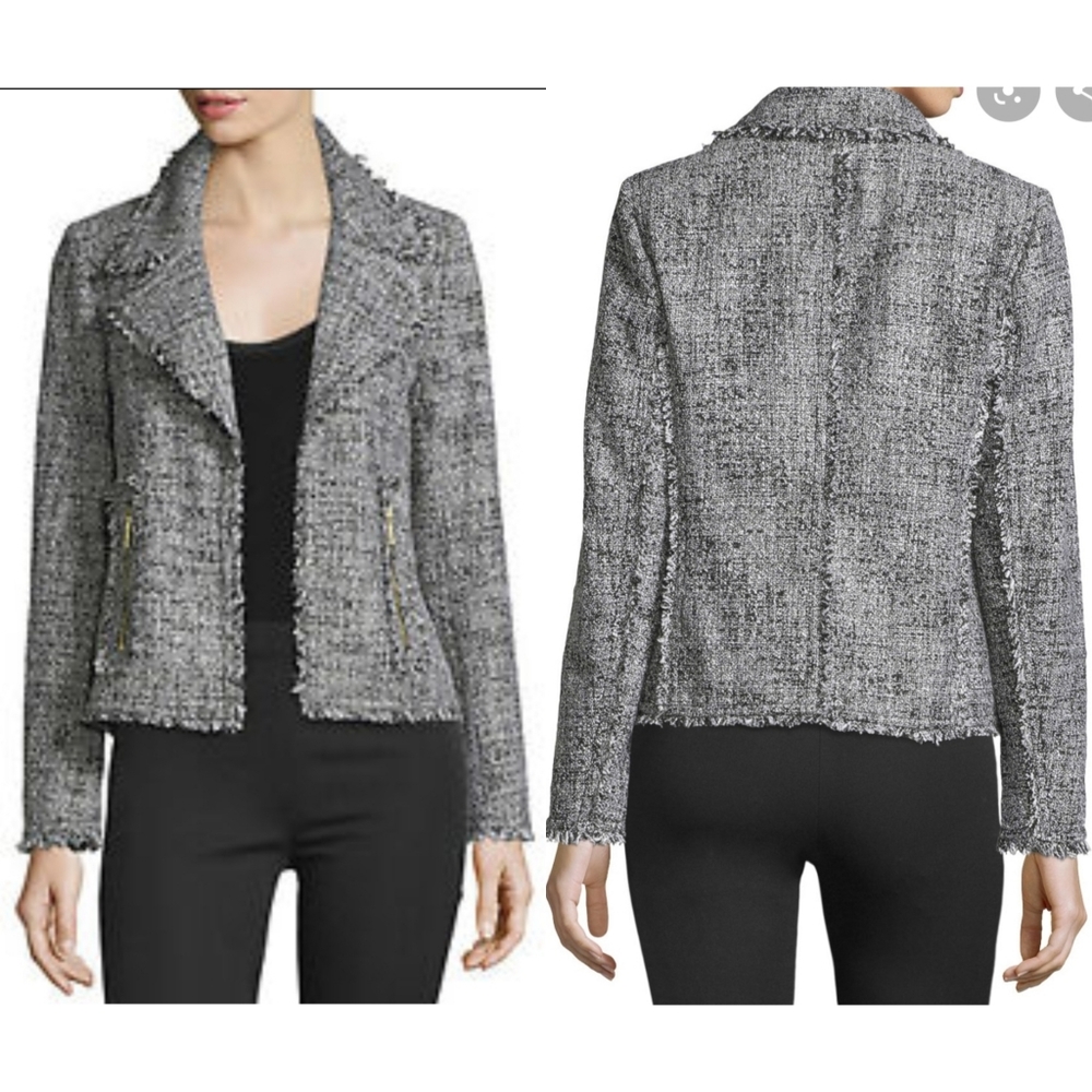 Michael Kors Tweed Open-Front Frayed Trim Jacket
